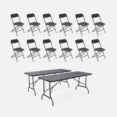 Sweeek - Pair Of Folding Plastic Reception Tables With 12 Chairs Charcoal Grey 180X69.5X73.5 Cm - Fiesta - image 1
