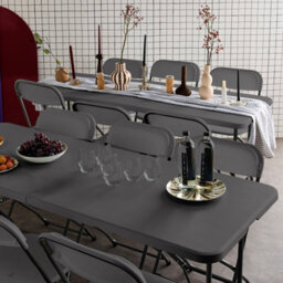 Sweeek - Pair Of Folding Plastic Reception Tables With 12 Chairs Charcoal Grey 180X69.5X73.5 Cm - Fiesta - thumbnail 3