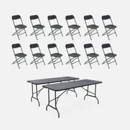 Sweeek - Pair Of Folding Plastic Reception Tables With 12 Chairs Charcoal Grey 180X69.5X73.5 Cm - Fiesta - thumbnail 1