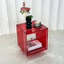 Fativo L46Xw39.5Xh55Cm Square Clear Acrylic Bedside Nightstand Modern Living Room Side Table With Shelf, Red - thumbnail 6