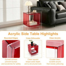 Fativo L46Xw39.5Xh55Cm Square Clear Acrylic Bedside Nightstand Modern Living Room Side Table With Shelf, Red - thumbnail 5