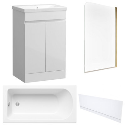 FNX Bathrooms Waterproof 500mm Vanity Unit With Single Ended Bath, Gloss White Front Panel & Brushed Brass Profile Bath Screen - image 1