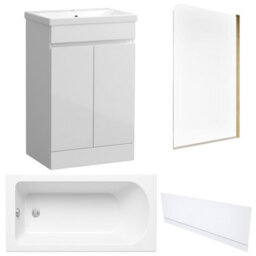 FNX Bathrooms Waterproof 500mm Vanity Unit With Single Ended Bath, Gloss White Front Panel & Brushed Brass Profile Bath Screen