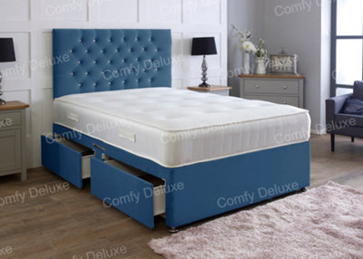 Comfy Deluxe Blue Plush 5Ft King Divan Bed With Mattress And Headboard 2 Drawers Same Side