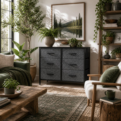 Wyld Haus Veroso Black Metal And Grey Fabric 6-Drawer Industrial Storage Dresser 80W X 30D X 62.5H Cm - image 1