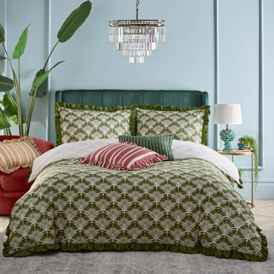 Furn. Deco Palm Printed Ruffle Duvet Set, King, Green - image 1
