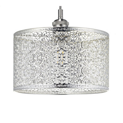 Happy Homewares Ornate Moroccan Style Decorated Shiny Silver Metal Pendant Shade 25Cm X 15Cm - image 1