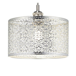 Happy Homewares Ornate Moroccan Style Decorated Shiny Silver Metal Pendant Shade 25Cm X 15Cm - thumbnail 2