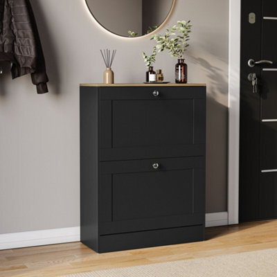 Lassic Vida Designs 2 Drawer Shoe Storage Cabinet For Hallway Shoe Cupboard Organiser Up To Size 1, H 80 X W 58 X D 24 Cm, Black & Oak - image 1