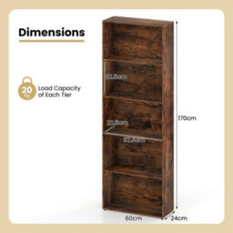 Brown 5Tier Bookshelf Open Bookcase Freestanding Display Shelf For Living Room - thumbnail 2