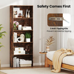 Brown 5Tier Bookshelf Open Bookcase Freestanding Display Shelf For Living Room - thumbnail 5