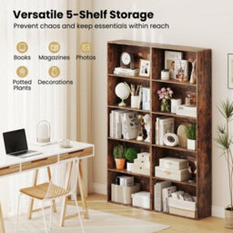 Brown 5Tier Bookshelf Open Bookcase Freestanding Display Shelf For Living Room - thumbnail 6