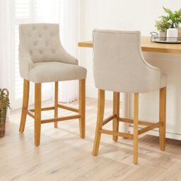The Furniture Market Luxury Natural Oatmeal Fabric Scoop Back Kitchen Counter Bar Stool Quilted Button Back Stud Detailing Solid Wood Frame - thumbnail 3
