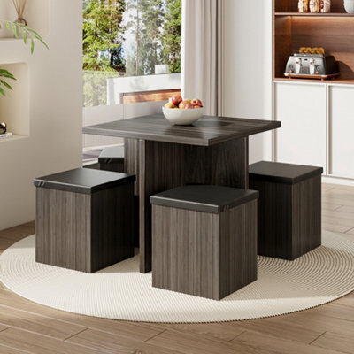 Living And Home Dining Table And Chairs Set Grey Wooden Table And 4 Storage Stools Dining Set - image 1