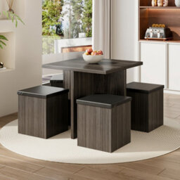 Living And Home Dining Table And Chairs Set Grey Wooden Table And 4 Storage Stools Dining Set - thumbnail 1
