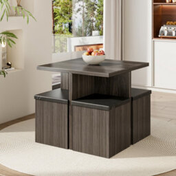 Living And Home Dining Table And Chairs Set Grey Wooden Table And 4 Storage Stools Dining Set - thumbnail 2