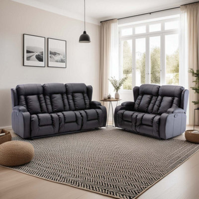More4Homes Caesar Manual Recliner Bonded Leather 2+3 Seater Sofa Set (Black) - image 1