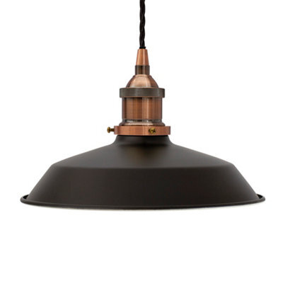 Matt Black Small Trinity Metal Painted Dome Pendant Light With Antique Copper Lamp Holder And Black Twisted Cable - Se Home - image 1