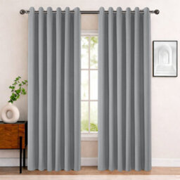 Bedlooms Grey Linen Curtain 100% Blackout Thermal Insulated Eyelet Curtain (Pair) 66 X 90 Inches With Tie Back Two