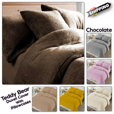 Chilimilii Teddy Bear Fleece Duvet Quilt Cover With Pillowcases Soft Warm Cosy Bedding Set (Chocolate)