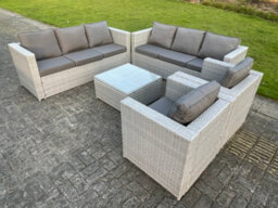 Fimous 8 Seater Light Grey Outdoor Pe Rattan Garden Furniture Set Wicker Sofa Set Square Coffee Table 2 Armchair - thumbnail 1