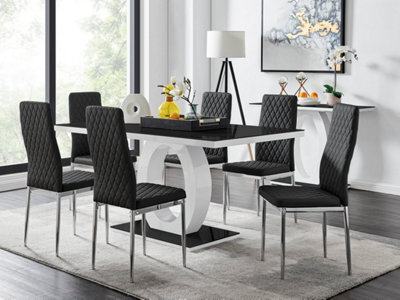 Furniturebox Giovani Rectangular 6 Seat White High Gloss Unique Halo Dining Table Black Glass Top 6 Black Faux Leather Silver Leg Milan Chairs - image 1