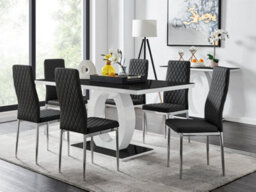 Furniturebox Giovani Rectangular 6 Seat White High Gloss Unique Halo Dining Table Black Glass Top 6 Black Faux Leather Silver Leg Milan Chairs
