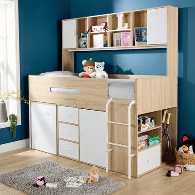 Home Source Marsden White Single Mid Sleeper Cabin Bed With Storage Drawers Shelving Unit And Hidden Desk - image 1