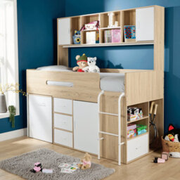 Home Source Marsden White Single Mid Sleeper Cabin Bed With Storage Drawers Shelving Unit And Hidden Desk - thumbnail 1