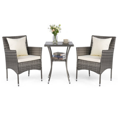 Costway 3 Pcs Patio Wicker Bistro Set W/ 2 Rattan Chairs Outdoor Conversation Furniture Set With Cushions-White - image 1