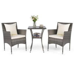 Costway 3 Pcs Patio Wicker Bistro Set W/ 2 Rattan Chairs Outdoor Conversation Furniture Set With Cushions-White