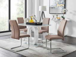 Furniturebox Giovani Rectangular 4 Seat White High Gloss Unique Halo Base Dining Table Grey Glass Top 4 Beige Faux Leather Lorenzo Chairs