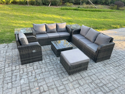 Fimous Outdoor Rattan Garden Furniture Set Conservatory Patio Sofa Coffee Table With Reclining Chair 2 Side Tables Big Footstool - image 1