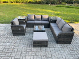 Fimous Outdoor Rattan Garden Furniture Set Conservatory Patio Sofa Coffee Table With Reclining Chair 2 Side Tables Big Footstool - thumbnail 2