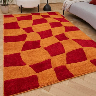 The Rugs Joli Red And Orange Chequered Rug Soft Dense Pile Easy To Clean And Pet Friendly For Living Rooms And Bedrooms - image 1