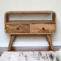 Artisan Furniture Solid Wood Mini Curved Oak-Ish Media Unit, 2 Drawers & 1 Open Slot, Beige