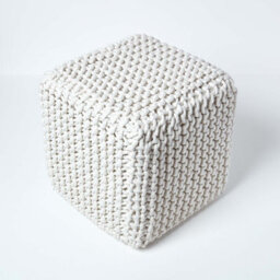 Homescapes Natural Kintted Cube Pouffe Footstool, Handmade Cotton Pouf, Ottoman, Footrest For Living Room, Bedroom Or Lounge - thumbnail 3