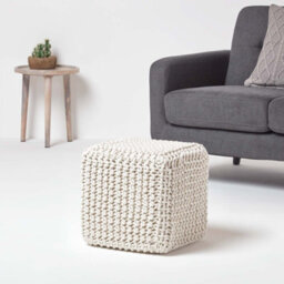 Homescapes Natural Kintted Cube Pouffe Footstool, Handmade Cotton Pouf, Ottoman, Footrest For Living Room, Bedroom Or Lounge - thumbnail 2