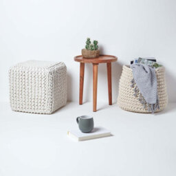 Homescapes Natural Kintted Cube Pouffe Footstool, Handmade Cotton Pouf, Ottoman, Footrest For Living Room, Bedroom Or Lounge - thumbnail 6