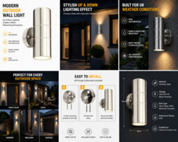 Shopnbits Outdoor Wall Light Silver Stainless Steel Up Down Lamp Ip65 Waterproof With Warm White Gu10 Bulbs Included - thumbnail 7