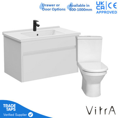 Vitra 800mm Wall Hung Bathroom Vanity Unit With 1 Drawer Includes Basin, Black Tap And Close Coupled Toilet Set - White Gloss - image 1