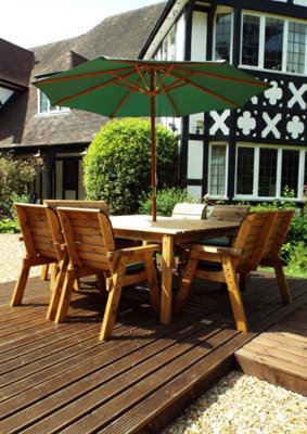 Charles Taylor Trading Charles Taylor 8 Seater Wooden Square Table & 4 Chairs 2 Benches Parasol Green - image 1
