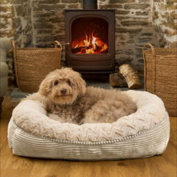 OHS Faux Fur Dog Bed Washable Plush Soft Fleece Ribbed Pet Basket Cushion Warm Cosy