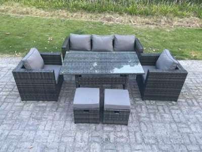 Fimous 7 Seater Pe Wicker Rattan Garden Furniture Set Lounge Sofa Chair And Rectangular Dining Table Set 2 Small Footstools - image 1