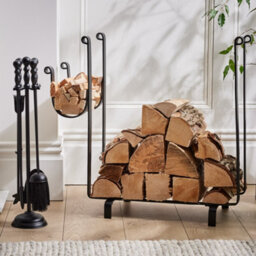 Dibor Fireplace Freestanding Wood Rack Black Iron Fireside Firewood Log Holder, Log Storage Rack With Fireplace Companion Set - thumbnail 1