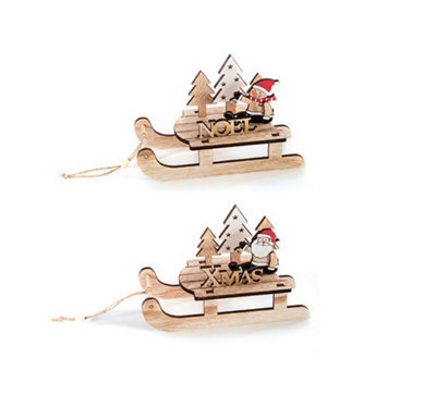 Premier Decorations Limited Set Of 2 Wooden Sleigh Christmas Decorations 19Cm