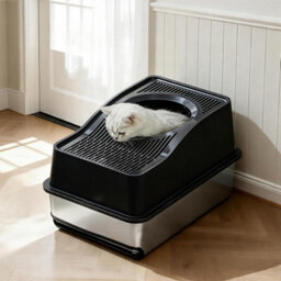 London Boutique 60X40X40Cm Stainless Steel Cat Litter Tray, High Sided Cat Litter Box, Anti Leak Pet Toilet, Black - thumbnail 1