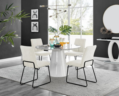 Furniturebox Uk Palma White Marble Effect Round Dining Table & 4 Cream Halle Black Leg Chairs - image 1