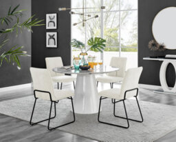 Furniturebox Uk Palma White Marble Effect Round Dining Table & 4 Cream Halle Black Leg Chairs