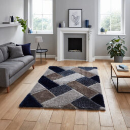 Grey Navy Shaggy Geometric Modern Rug For Living Room Bedroom And Dining Room-80Cm X 150Cm - thumbnail 1